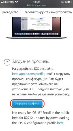 Kako instalirati iOS 13 na iPhone: Odite na „Registracija uređaja”