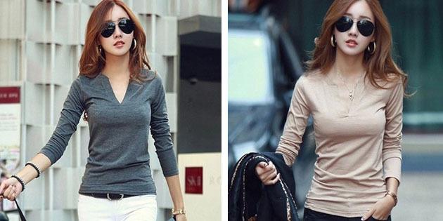 Osnovne ženske majice iz europskih dućana: Osnovni jednobojni Long Sleeve Shirt