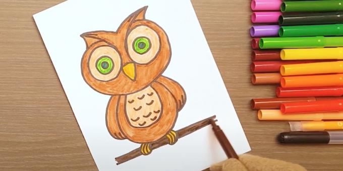 Kako nacrtati sovu: obojite oči, noge i granu
