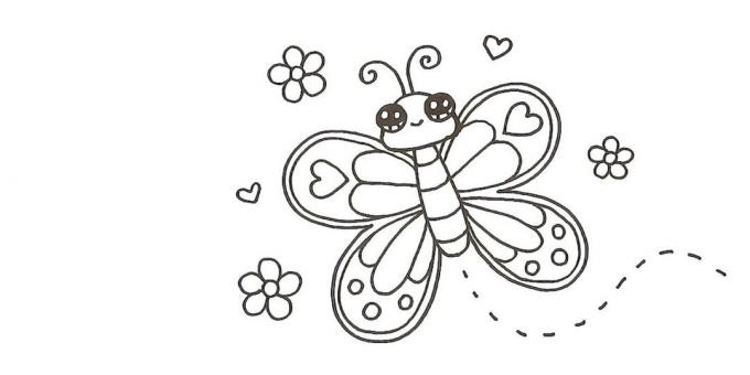 Nacrtajte oko cvijeće leptira i srca, ali iz tijela - valovita točkasta linija