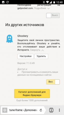 Yandex. Opcije preglednik addon