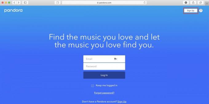 Kako koristiti Pandoru u Rusiji uključuju VPN otvorite web stranicu Pandora i kliknite Sign Up