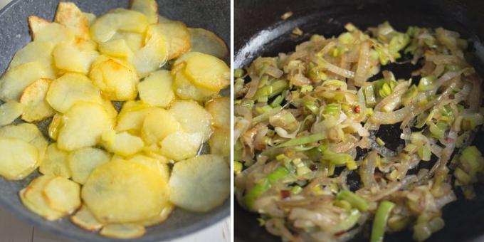 Krumpir omlet: Pržiti luk i krumpir
