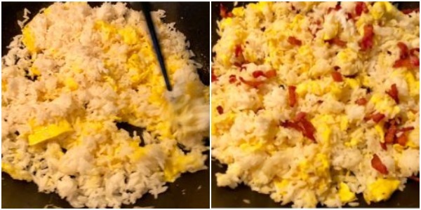 Kako kuhati pržena riža s jajima: Kad je riža se zagrijava, dodajte slaninu, sol i umak od soje i dobro izmiješati