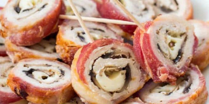 Svinjetina u pećnici: Rolls svinjskog mesa omotan pancetom punjene sa gljivama i sirom