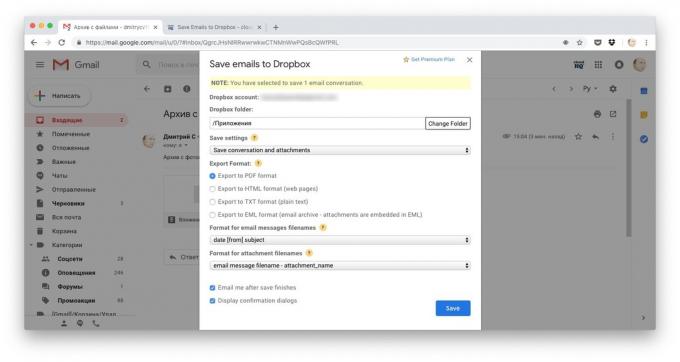 Načini za preuzimanje datoteka na Dropbox: kopirati cijelo pismo Spremi e-pošte na Dropbox