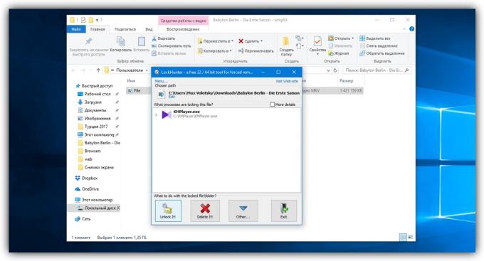Kako mogu izbrisati datoteku u Windowsima: LockHunter prozor