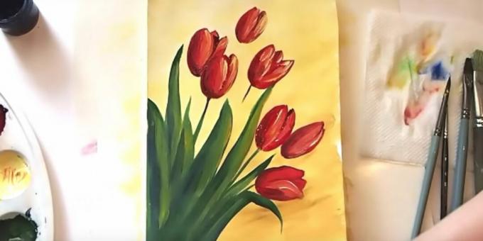 Kako nacrtati buket tulipana: dodajte bordo boju