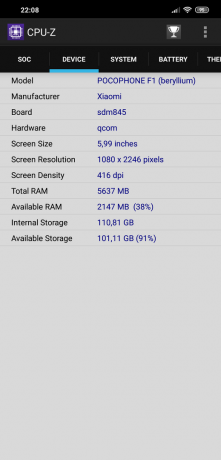 pregled Xiaomi Pocophone F1: CPU-Z