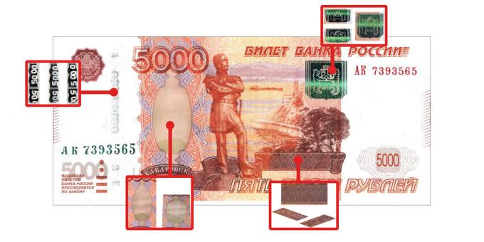 krivotvoreni novac: karakteristike o vjerodostojnosti koje su vidljive kada je kut gledanja na 5000 rubalja