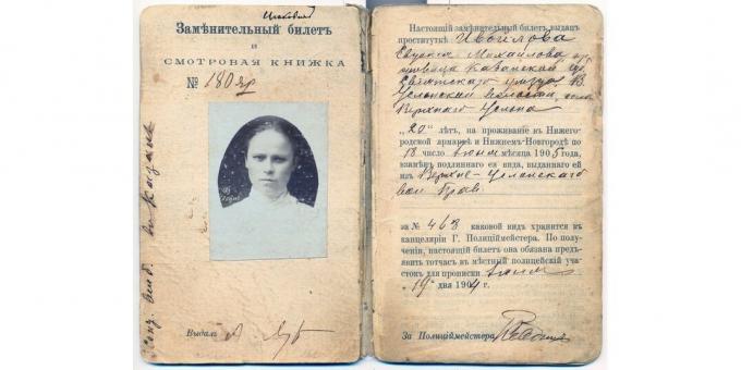 Povijest Ruskog Carstva: potvrda prostitutke o pravu na rad na sajmu u Nižnjem Novgorodu za 1904-1905.