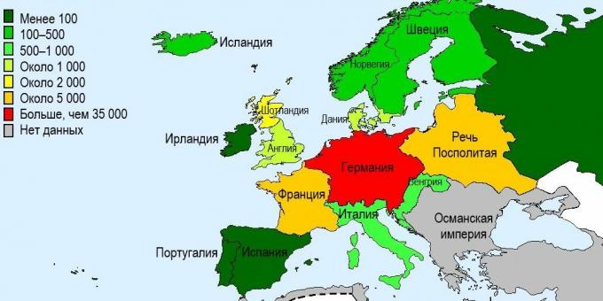 Broj ubijenih vještica u europskim zemljama u 15. - 17. stoljeću.