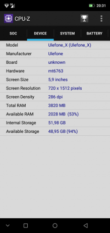 Pregled smartphone Ulefone X: CPU-Z